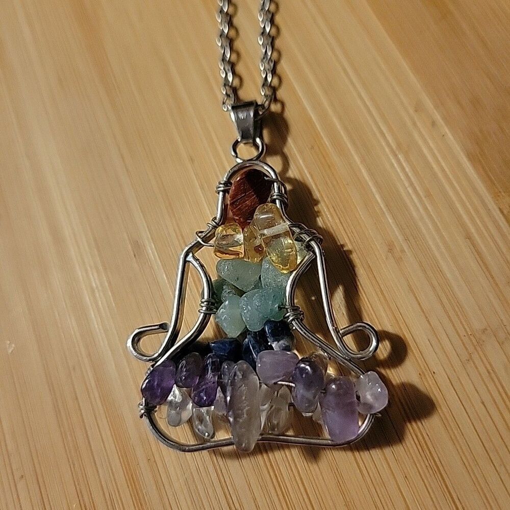7 Chakra Gemstone Yoga Buddha Pendant Necklace Reiki Healing Amulet Silver Tone - Picture 2 of 2